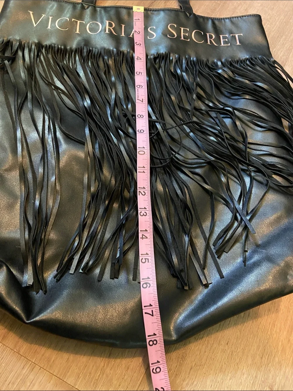Victoria's Secret Black Fringe Faux Leather Tote with Logo Edgy